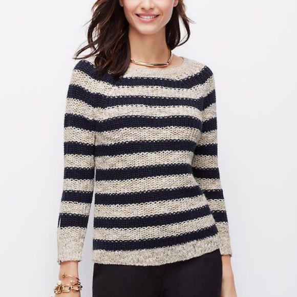 Ann Taylor Sweaters - Ann Taylor Navy Stripe Zip Cuff Sweater szL